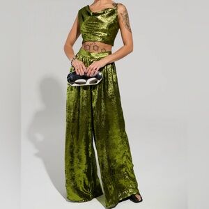 METALLIC DREAM Set - Olive Green (Crop Top & Wide-Leg Pants)